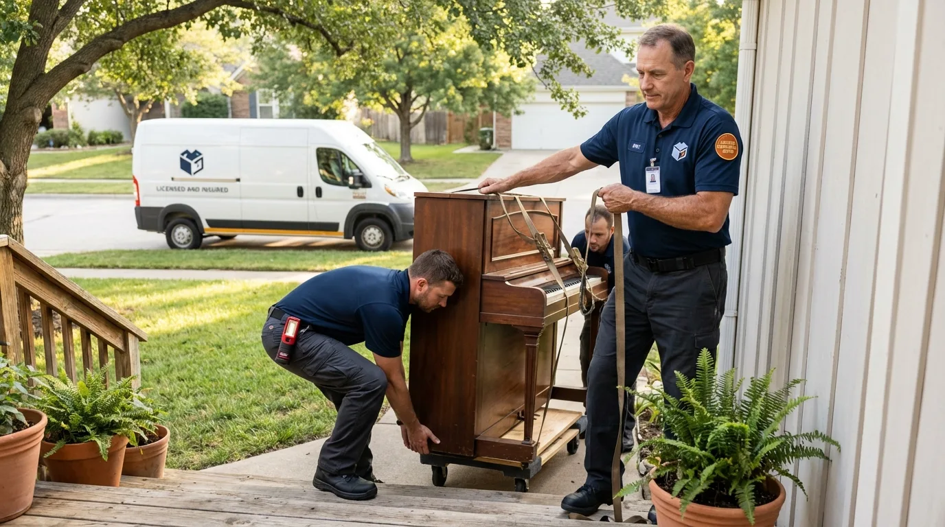 Licensed piano movers securing grand piano in Red Bluff, CA