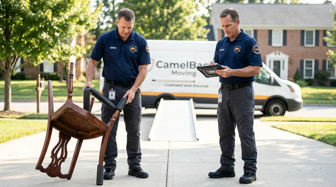 Movers inspecting furniture for damage prevention before loading in Red Bluff, CA